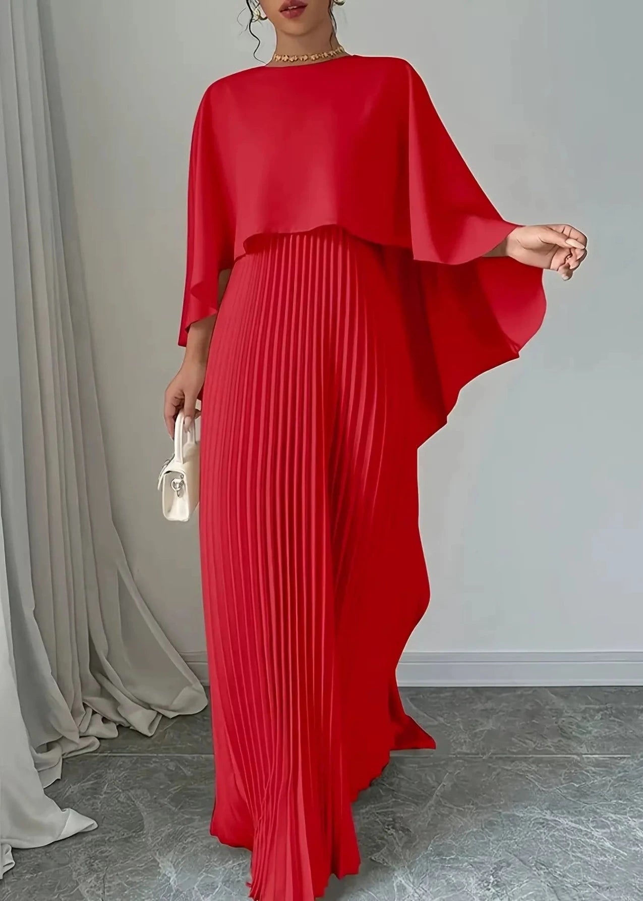 Women's Pleated Maxi Dress with Cape Overlay and Round Neckline