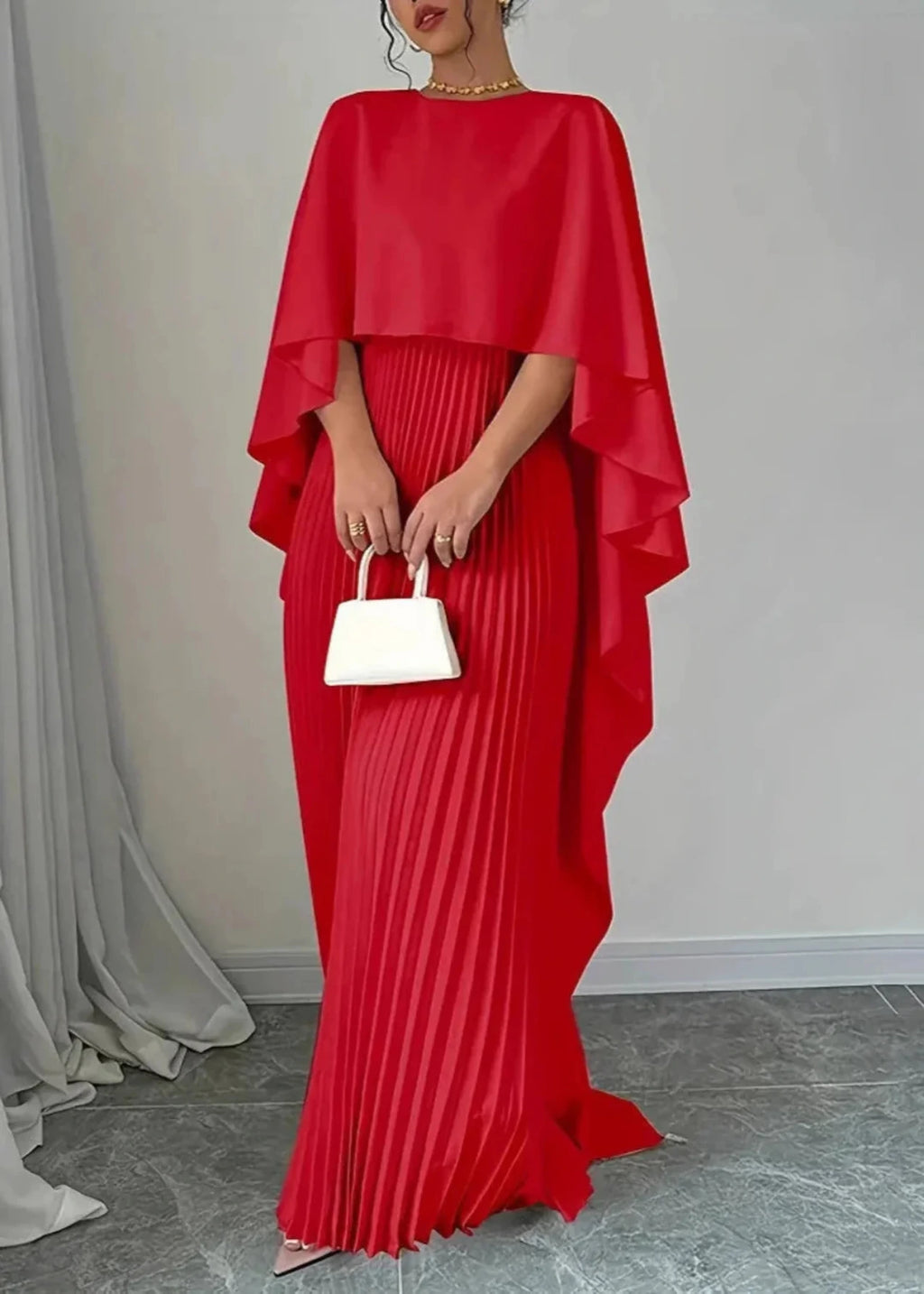 Women's Pleated Maxi Dress with Cape Overlay and Round Neckline