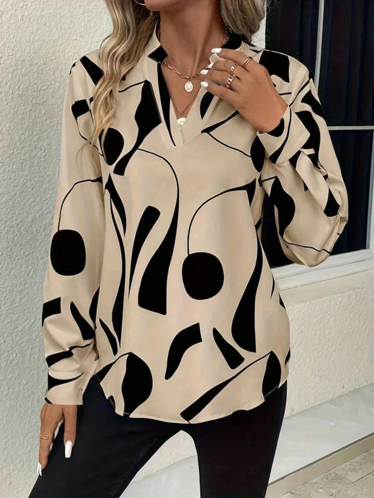 Women's Printed Long Sleeve Blouse with V-Neck and Button Cuffs