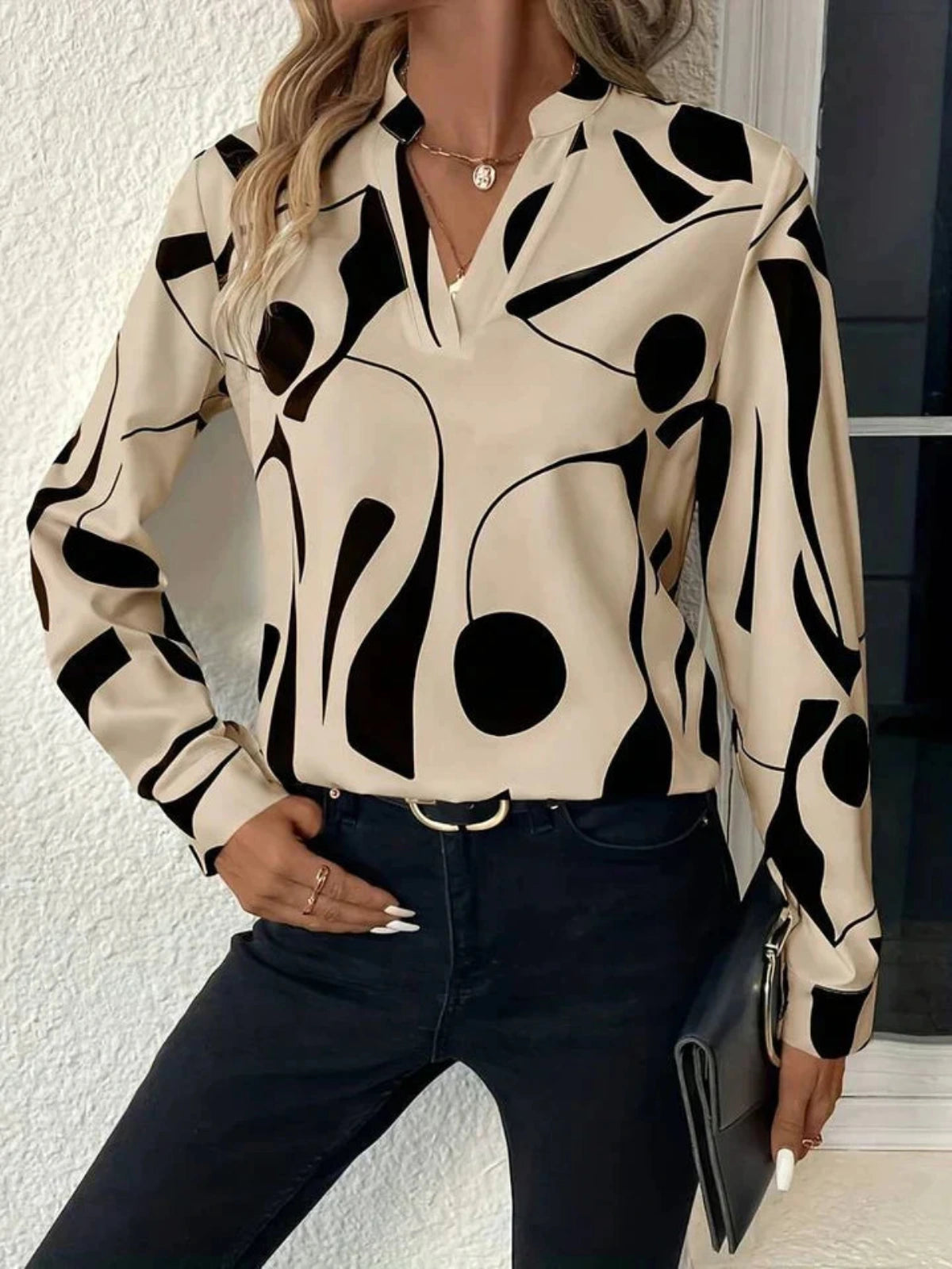 Women's Printed Long Sleeve Blouse with V-Neck and Button Cuffs