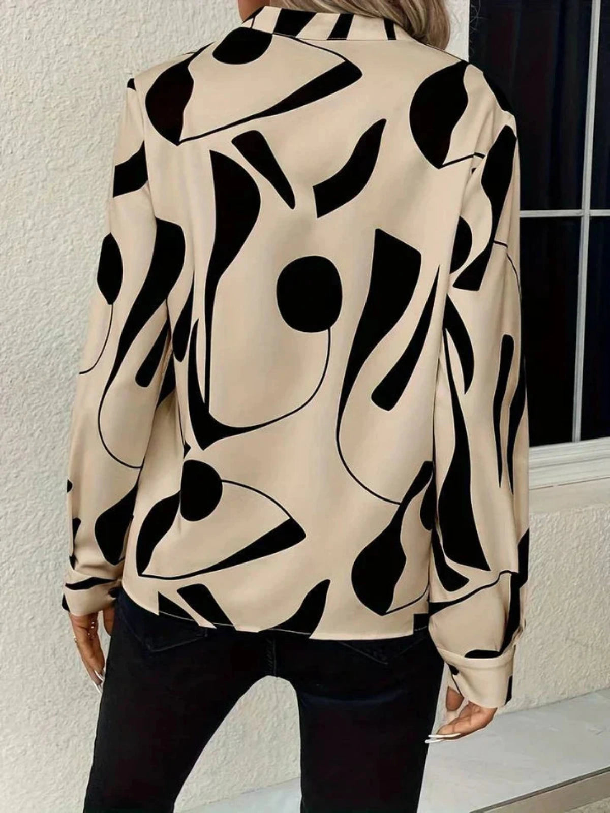 Women's Printed Long Sleeve Blouse with V-Neck and Button Cuffs