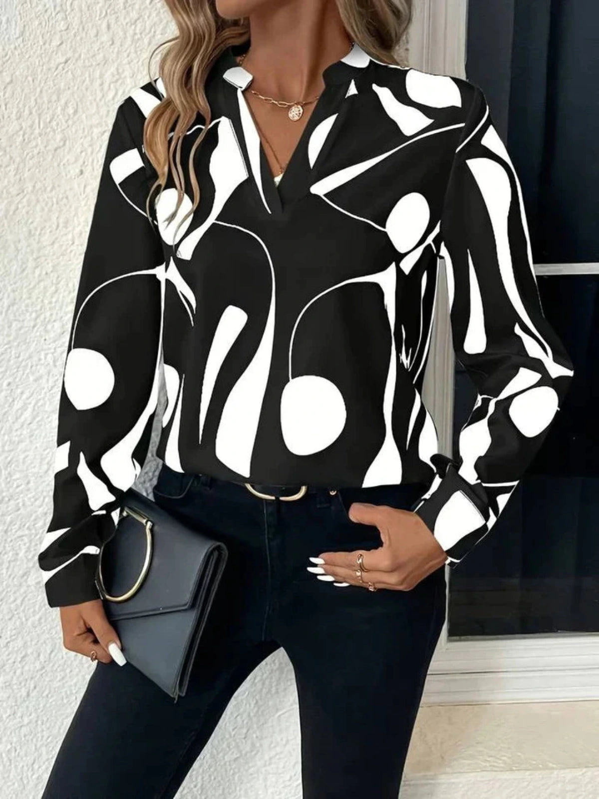 Women's Printed Long Sleeve Blouse with V-Neck and Button Cuffs