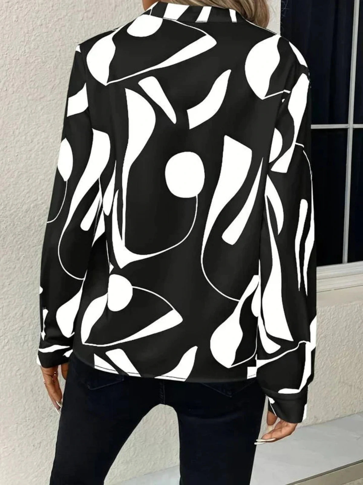 Women's Printed Long Sleeve Blouse with V-Neck and Button Cuffs
