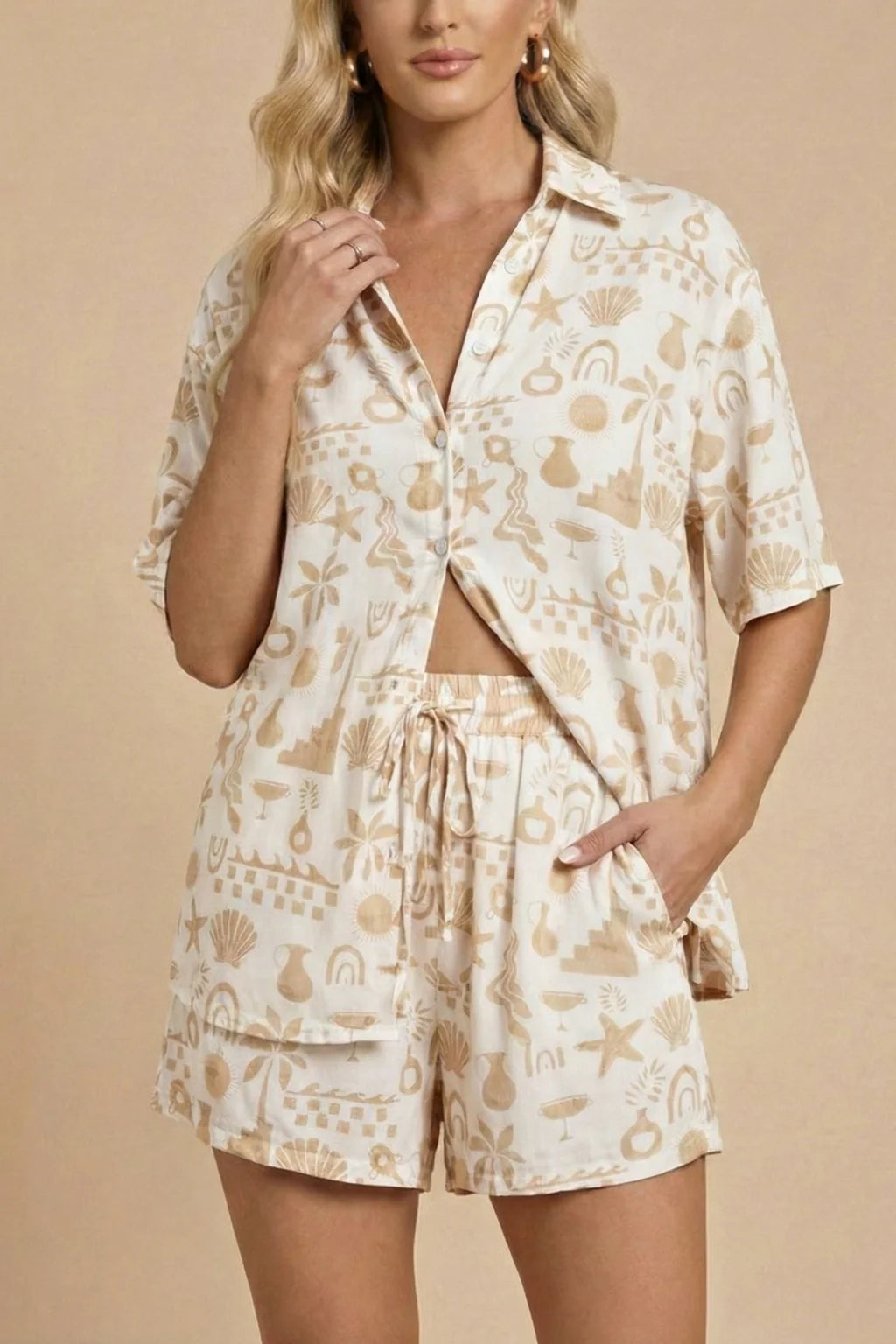 Women's Printed Two Piece Set with Short Sleeve Shirt and Shorts