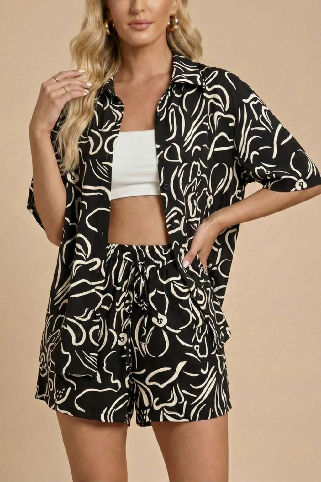 Women's Printed Two Piece Set with Short Sleeve Shirt and Shorts