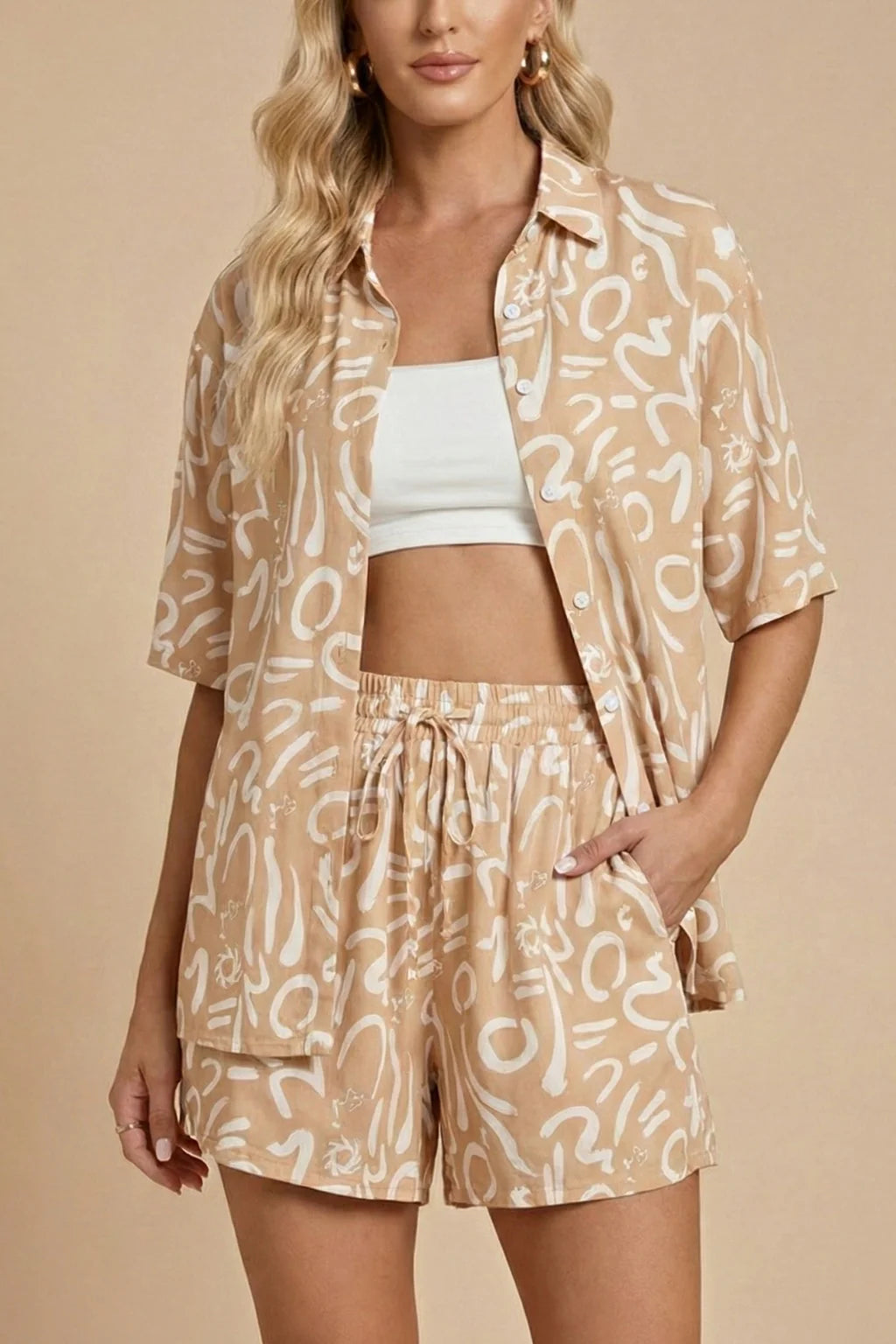 Women's Printed Two Piece Set with Short Sleeve Shirt and Shorts