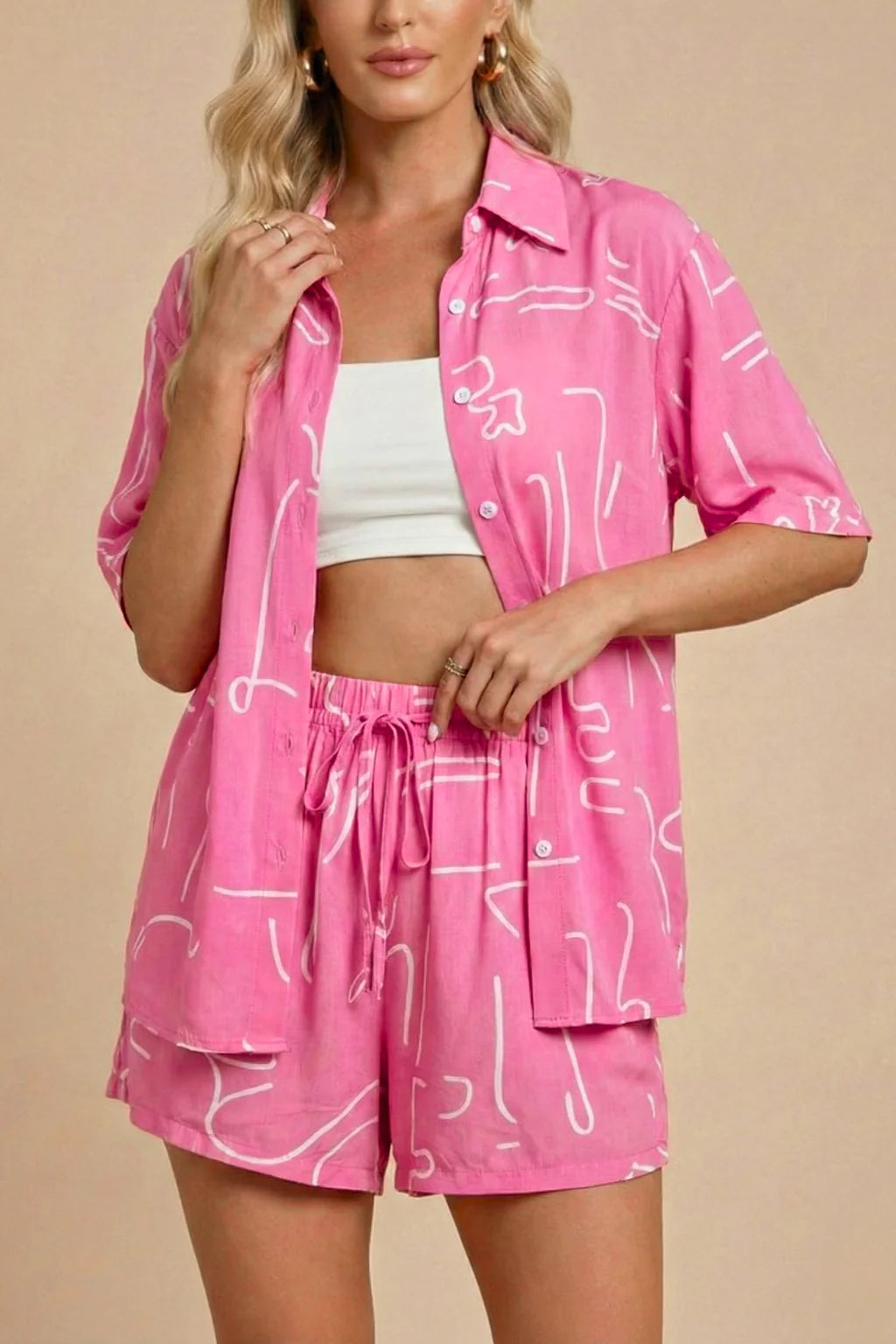 Women's Printed Two Piece Set with Short Sleeve Shirt and Shorts