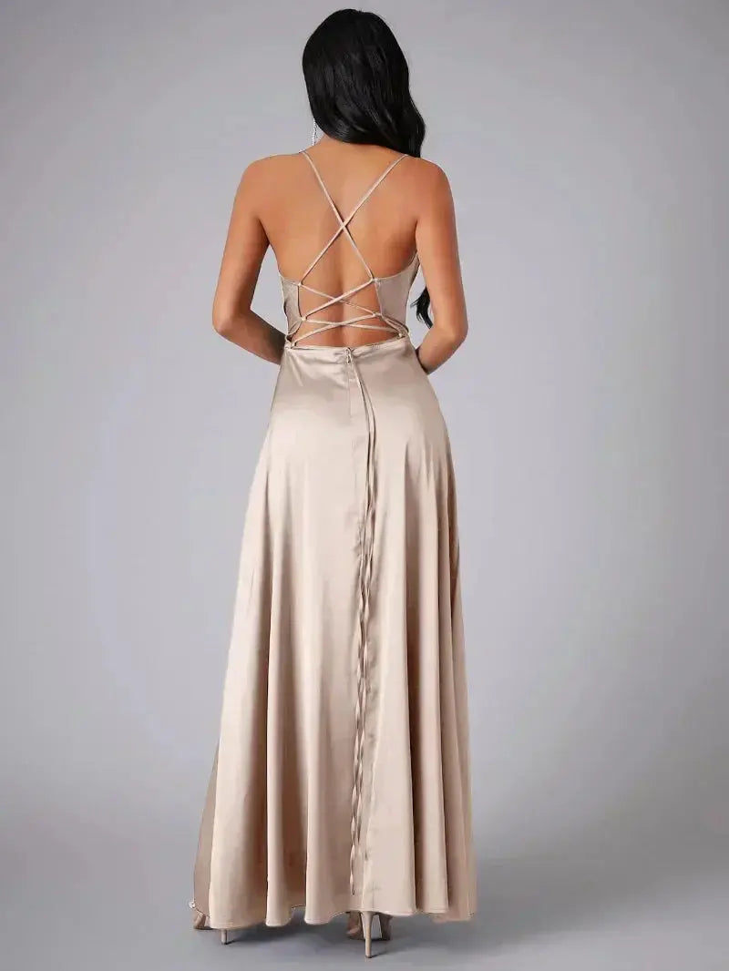 Women's Satin Cowl Neck Maxi Dress with Adjustable Straps and Side Slit