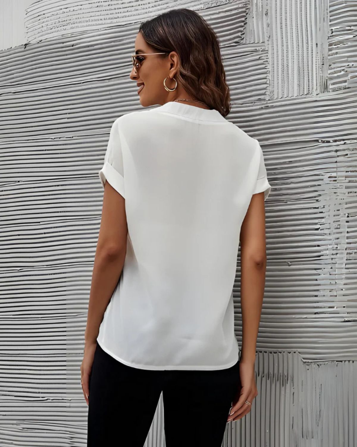 Women's Short Sleeve Blouse with V-Neck and Front Pleat