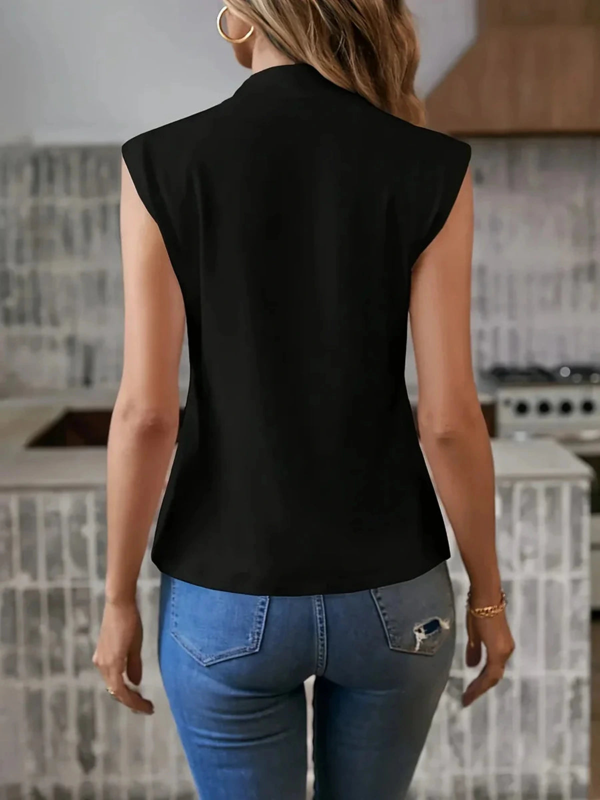 Women's Sleeveless Blouse with Mock Neck and Seam Detail