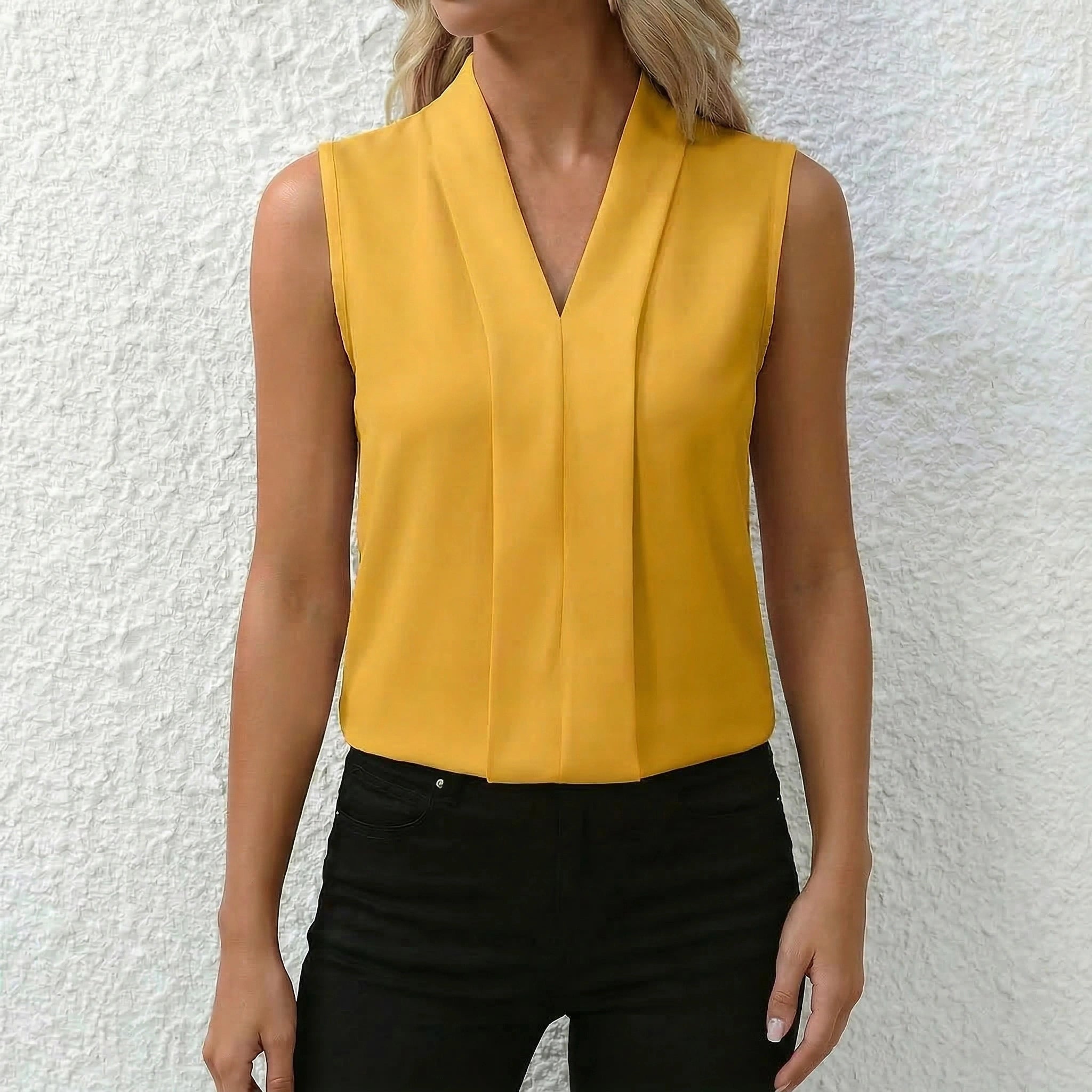 Women's Sleeveless Top with V-Neckline and Front Pleat