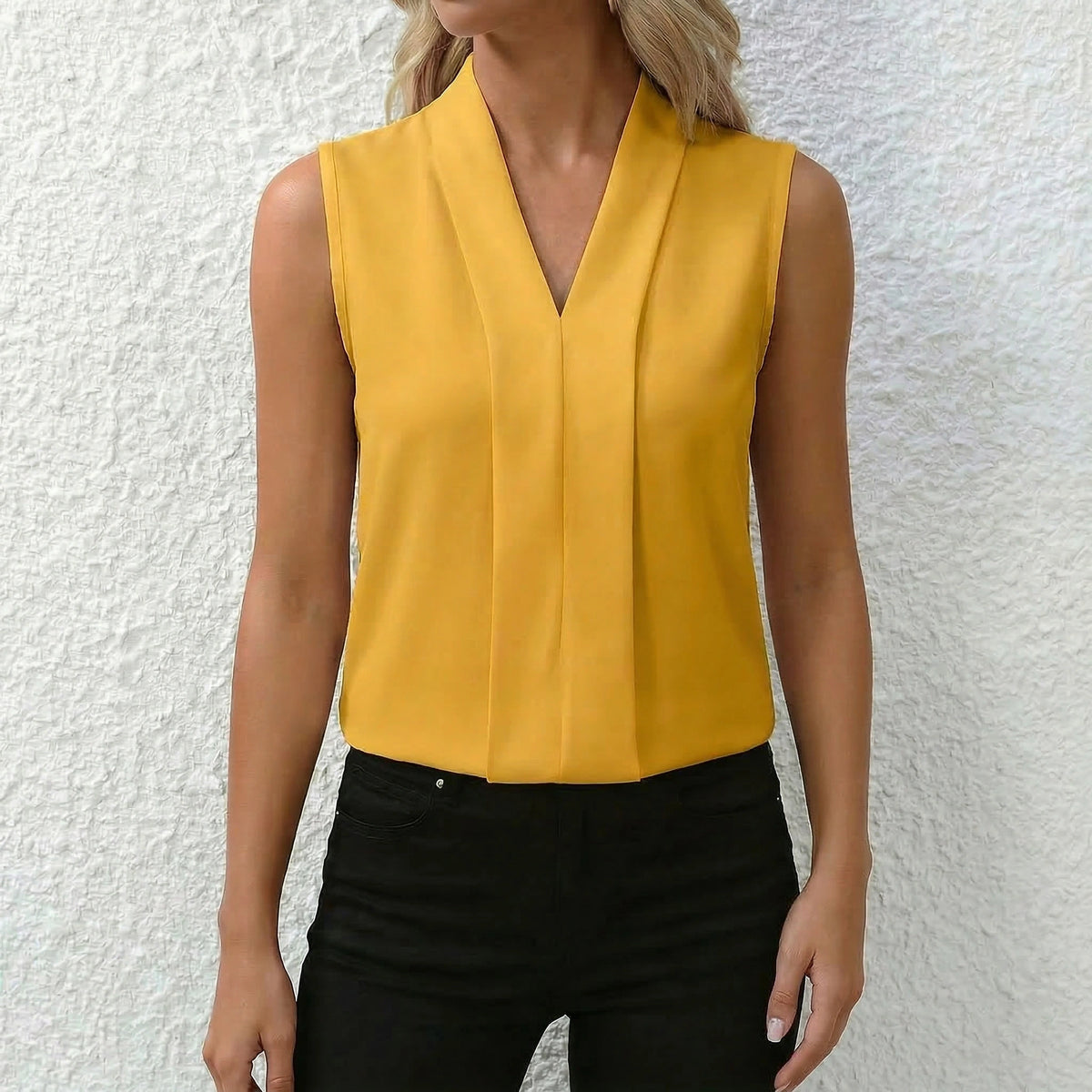 Women's Sleeveless Top with V-Neckline and Front Pleat