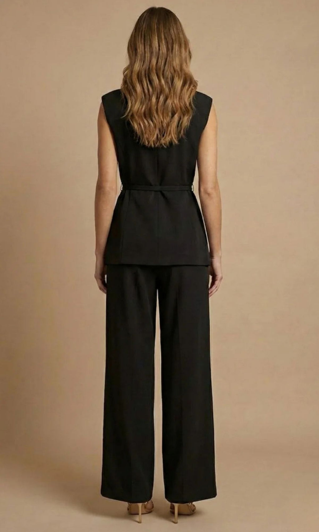 Women's Two Piece Set with Sleeveless Belted Top and Wide Leg Trousers