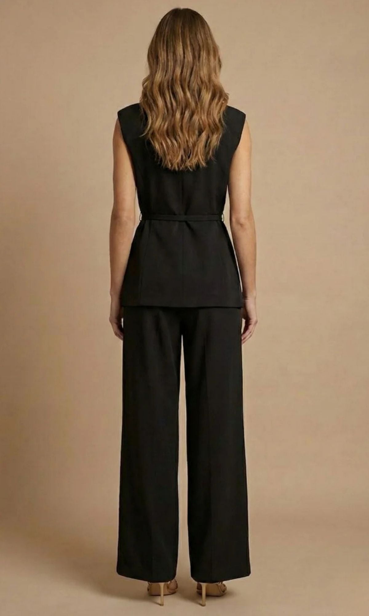 Women's Two Piece Set with Sleeveless Belted Top and Wide Leg Trousers