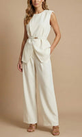 Women's Two Piece Set with Sleeveless Belted Top and Wide Leg Trousers