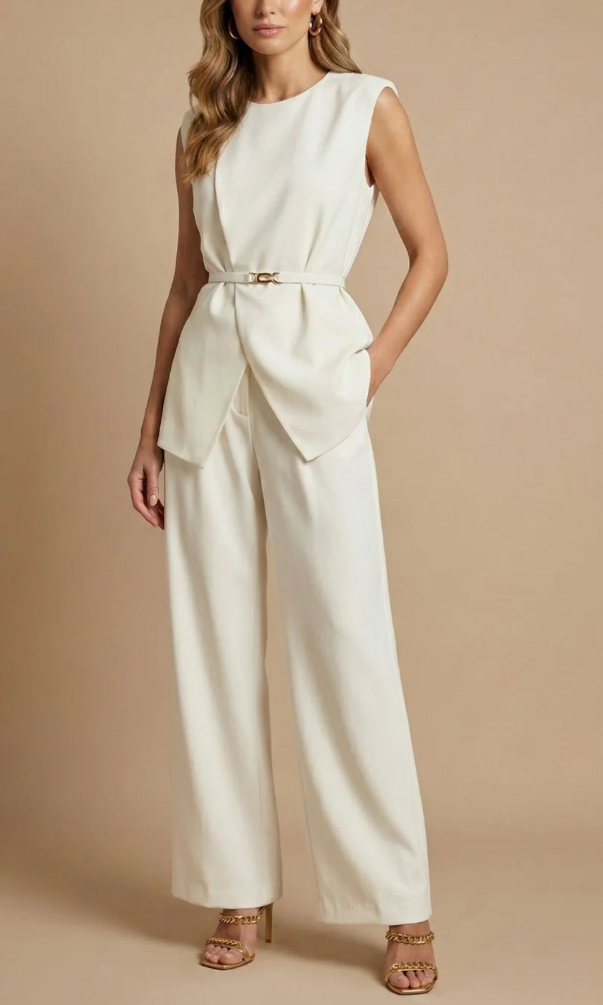 Women's Two Piece Set with Sleeveless Belted Top and Wide Leg Trousers