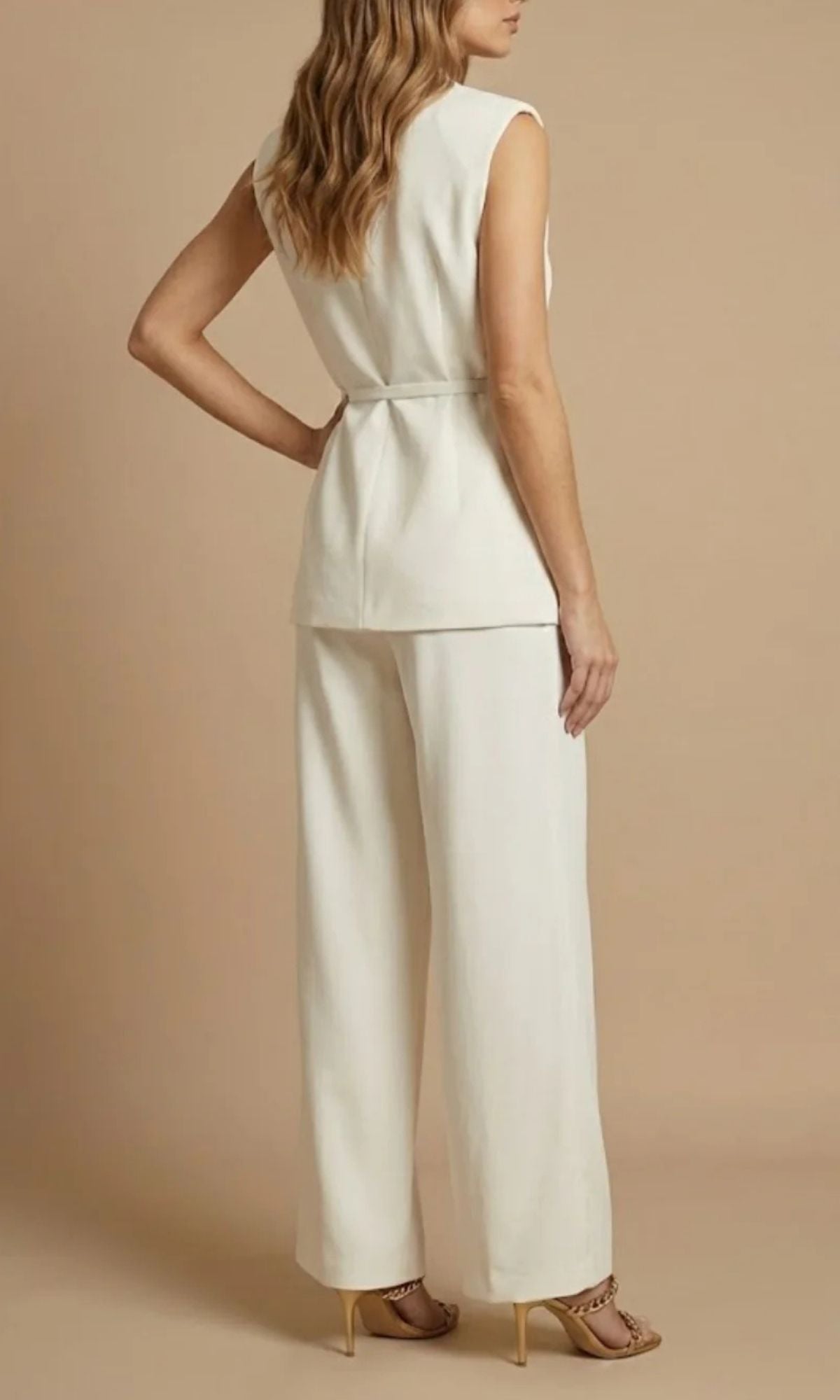 Women's Two Piece Set with Sleeveless Belted Top and Wide Leg Trousers