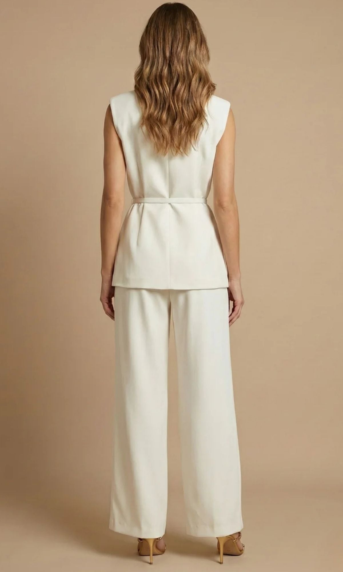 Women's Two Piece Set with Sleeveless Belted Top and Wide Leg Trousers