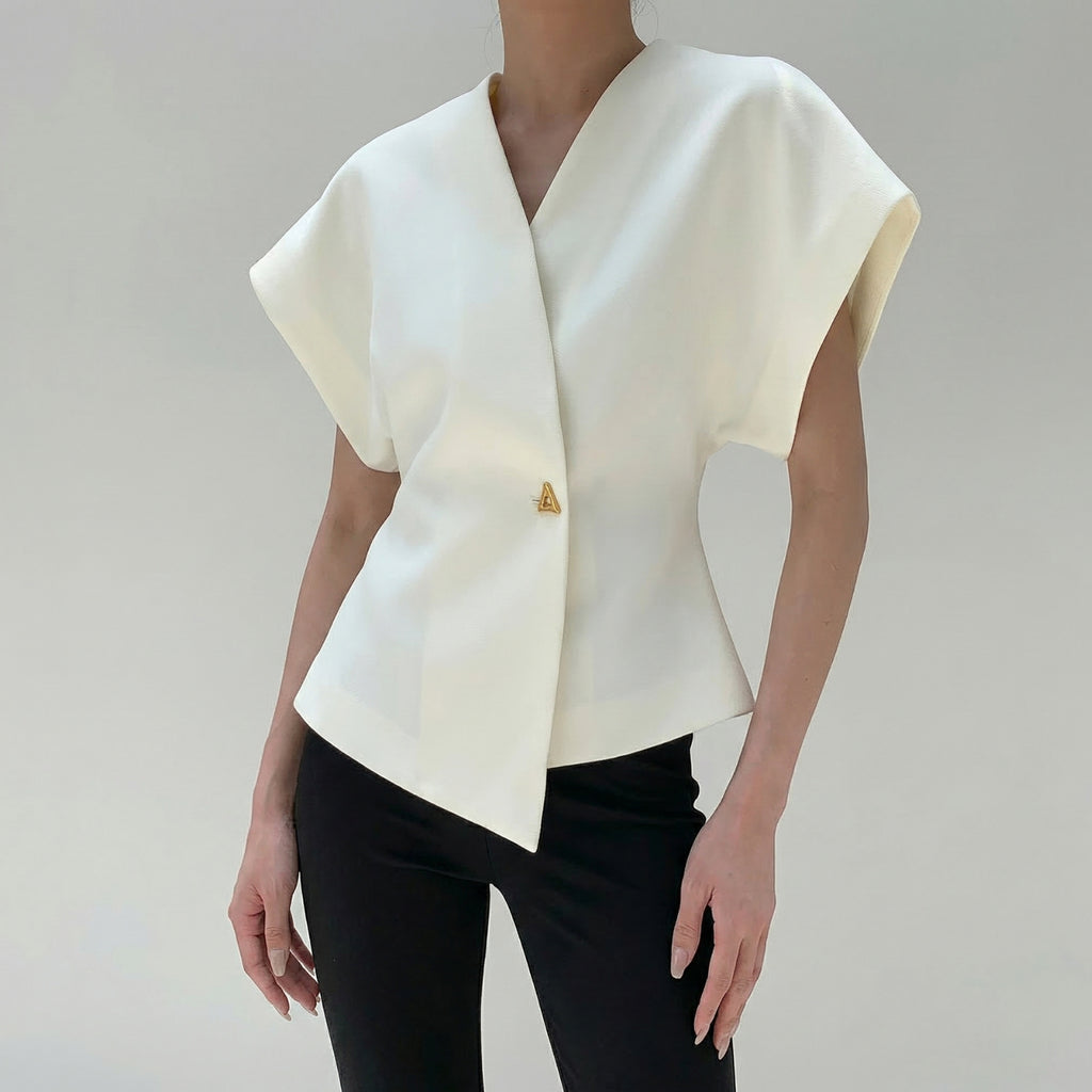 Women's V-Neck Top with Short Sleeves and Asymmetric Hem