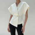 Women's V-Neck Top with Short Sleeves and Asymmetric Hem